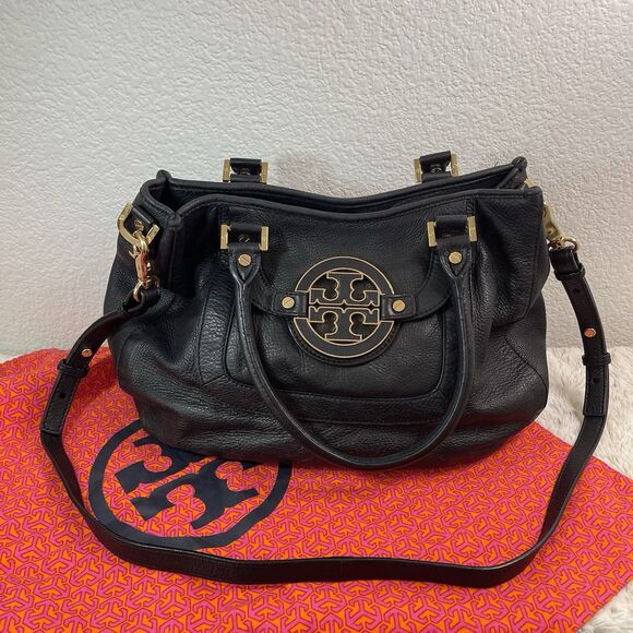 TORY BURCH AMANDA BLACK PEBBLED LEATHER CROSSBODY HOBO TOTE BAG Excellent - Picture 1 of 12